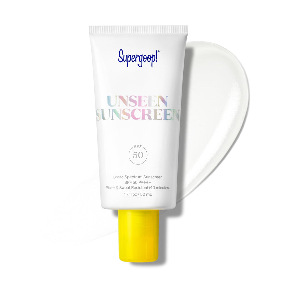 Supergoop Unseen Sunscreen bottle close-up shows weightless SPF 50 protection.