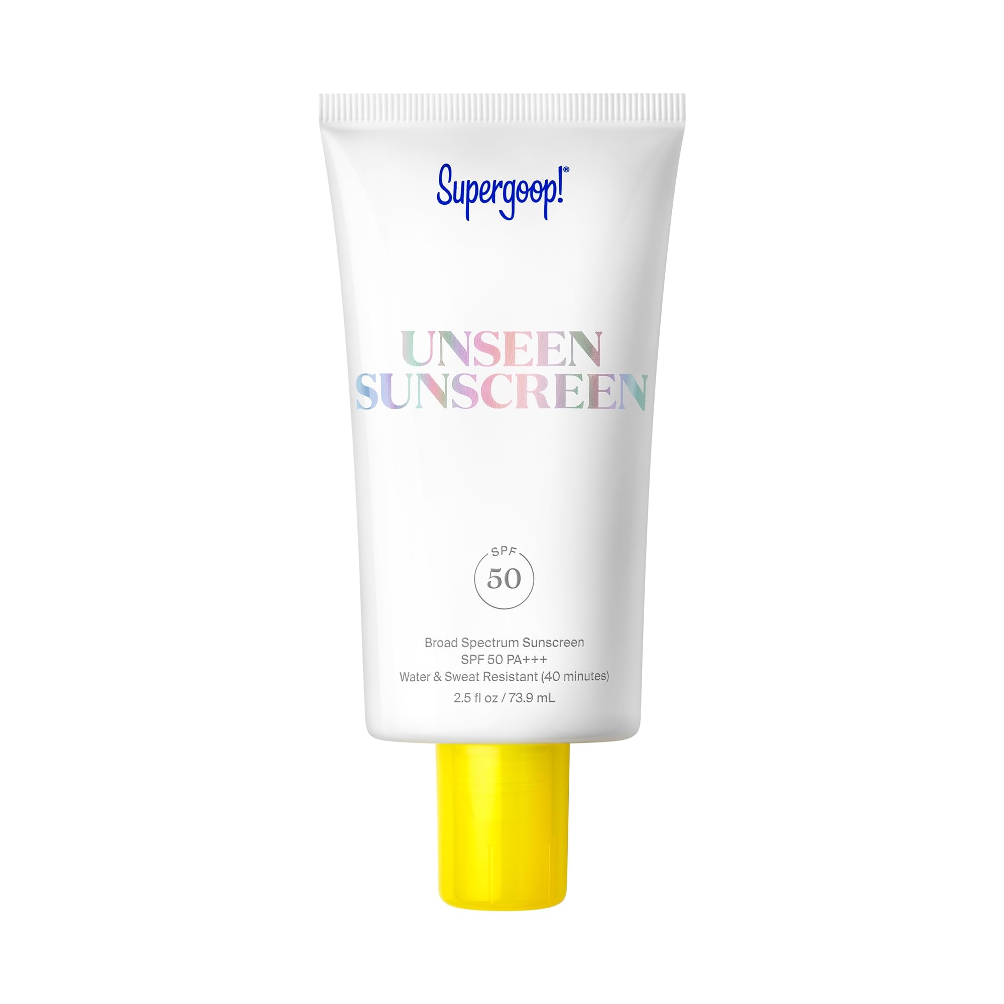 Supergoop Unseen Sunscreen bottle close-up shows clear, weightless finish for makeup prep