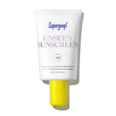 Supergoop! Unseen Sunscreen bottle showing clear, oil-free texture for all skin tones.