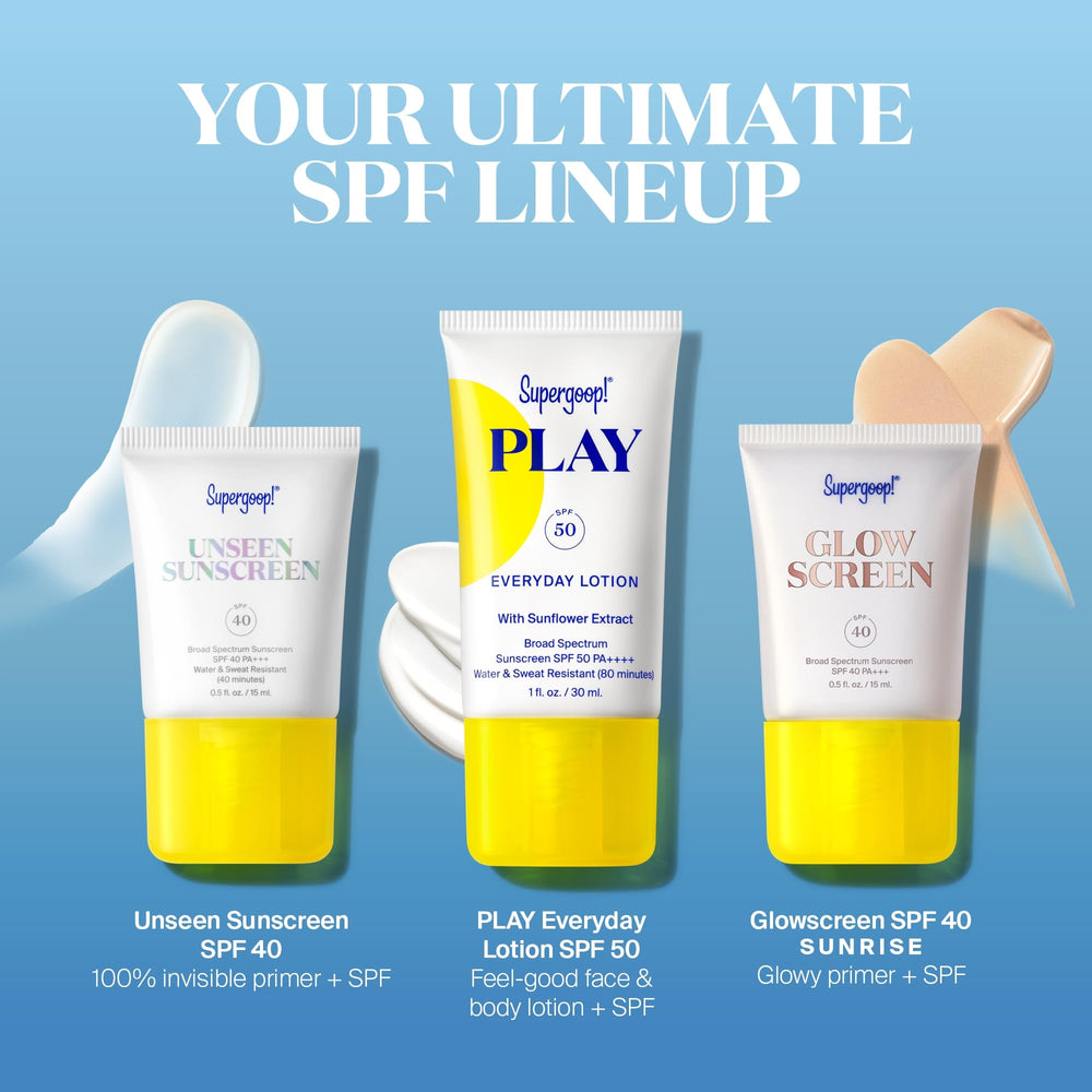 Supergoop! Unseen Sunscreen tube highlights invisible, weightless SPF protection with a natural finish.