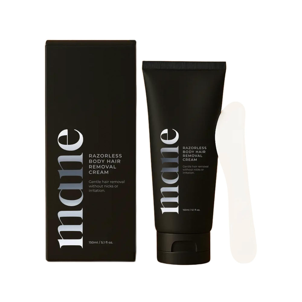 Superior Mane razorless cream tube close-up highlighting cooling effect for men
