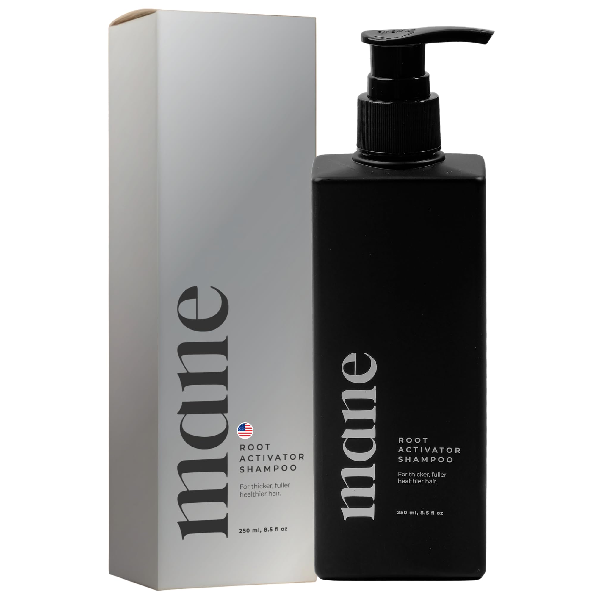Superior Mane root activator shampoo bottle shows premium scalp care for fuller-looking hair.