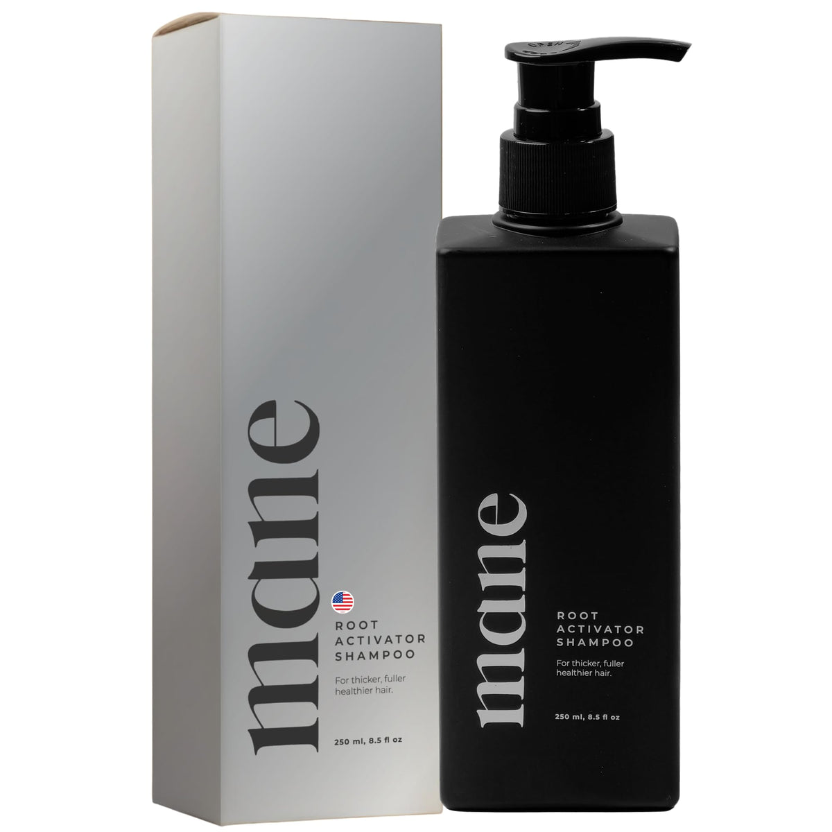 Superior Mane root activator shampoo bottle shows premium scalp care for fuller-looking hair.
