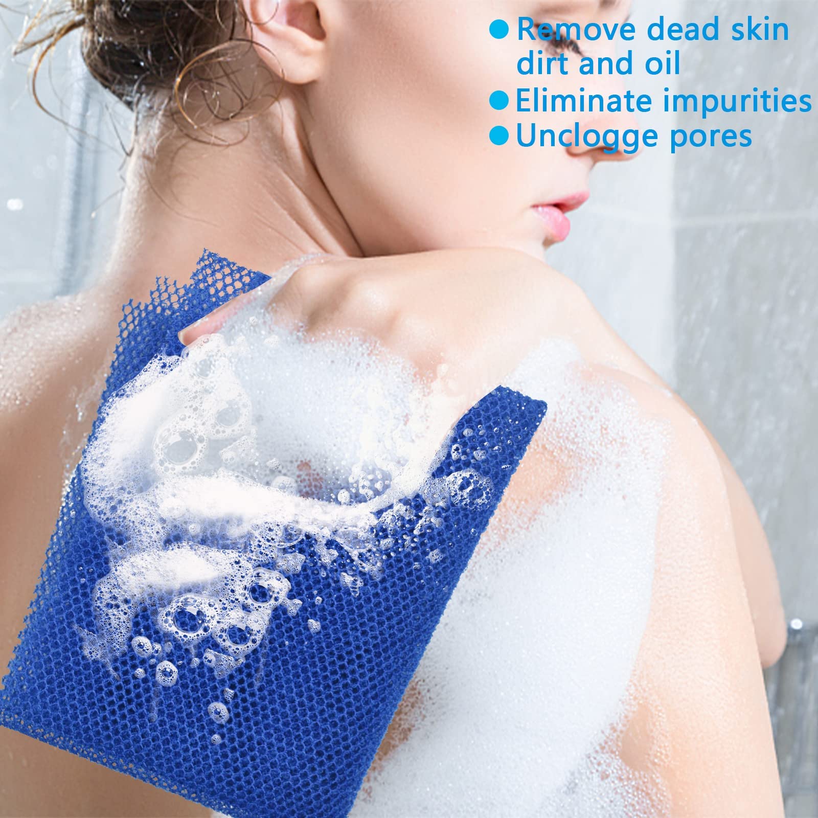 Hands using SuperJpsor net for back scrubbing in shower.