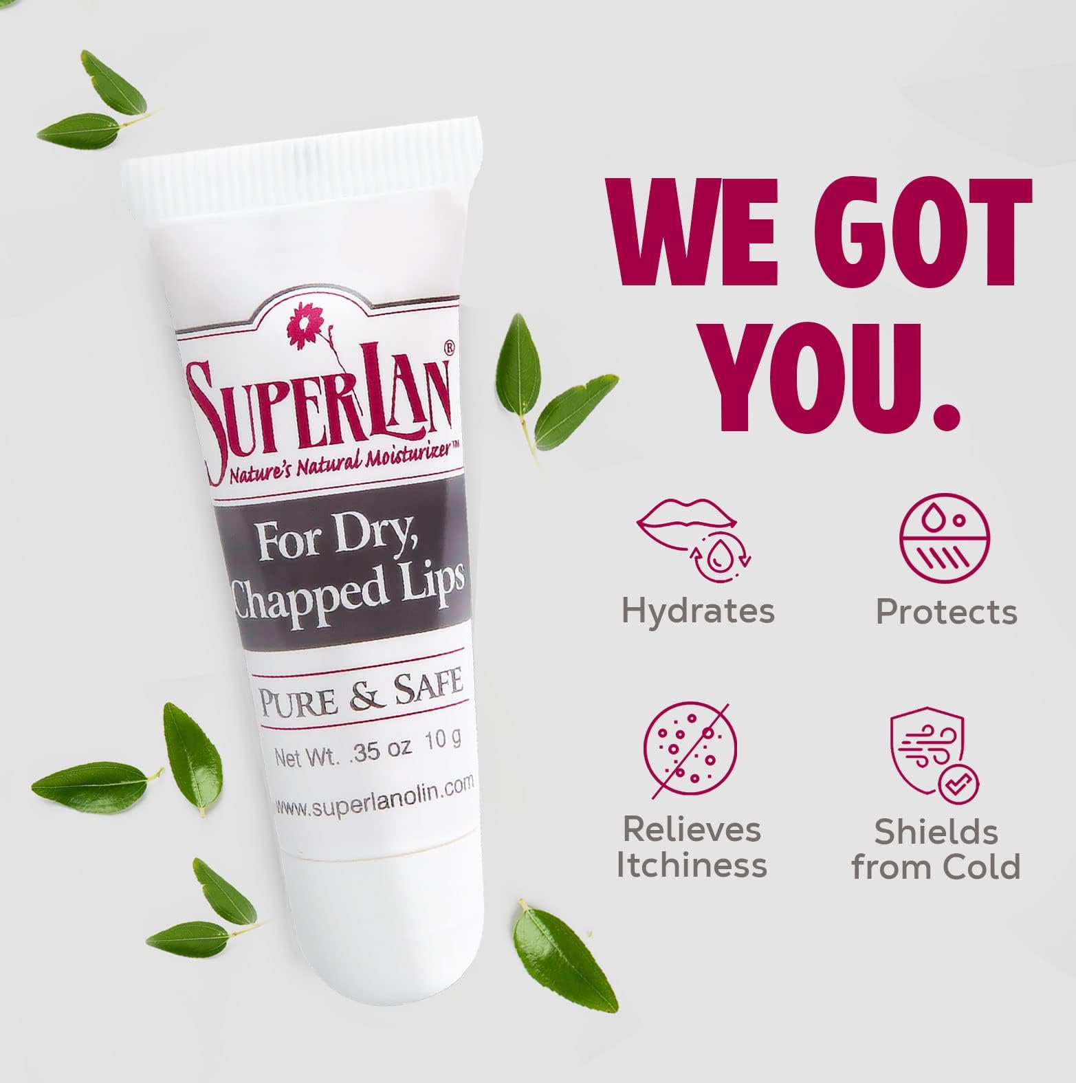 Cruelty-free logo shown on Superlan lip balm packaging.