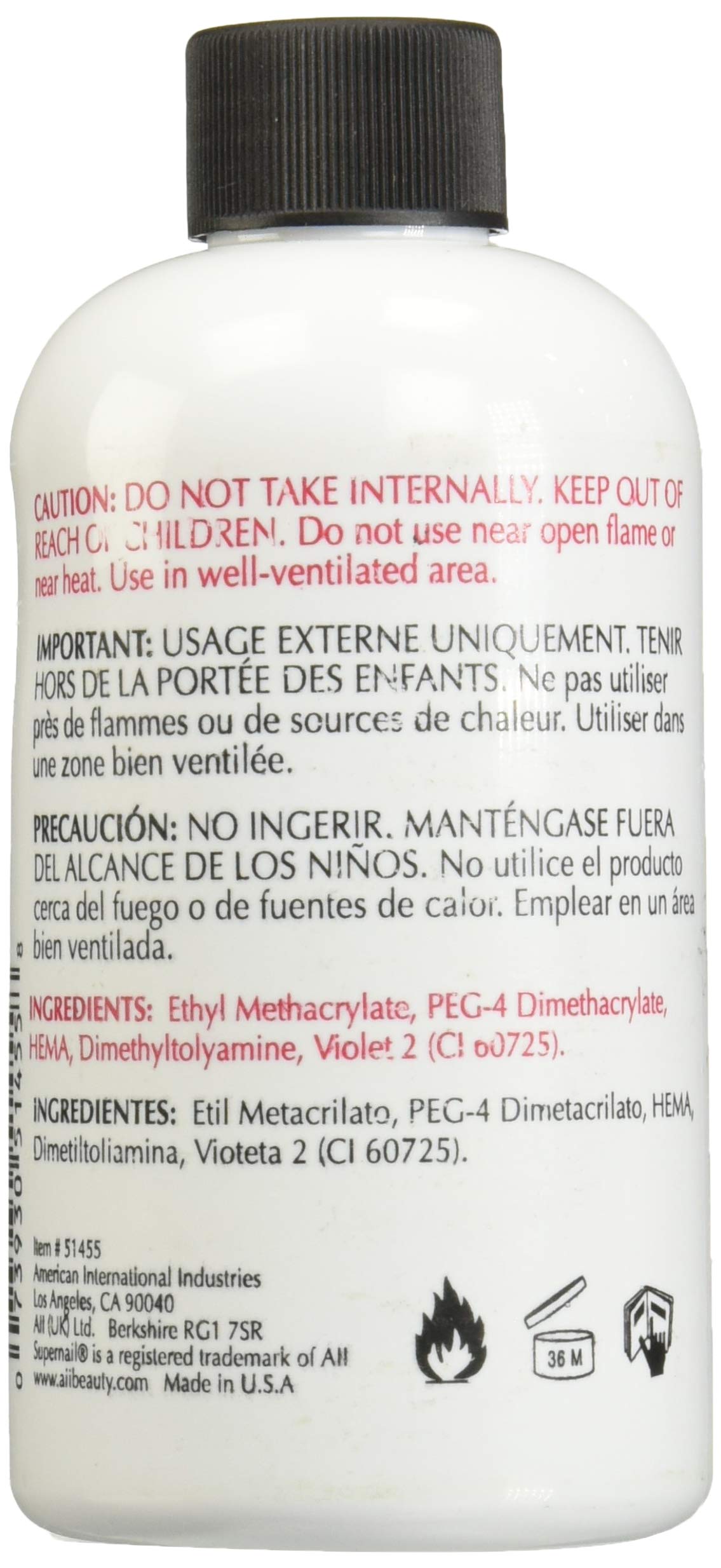SuperNail Nail Liquid ingredients list includes UV inhibitors for yellowing prevention.
