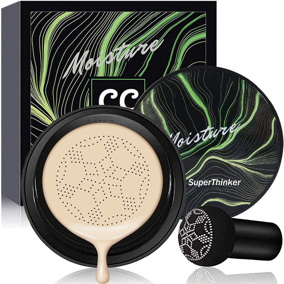 SuperThinker air cushion cc cream mushroom head puff closeup shows soft texture and pore-blurring