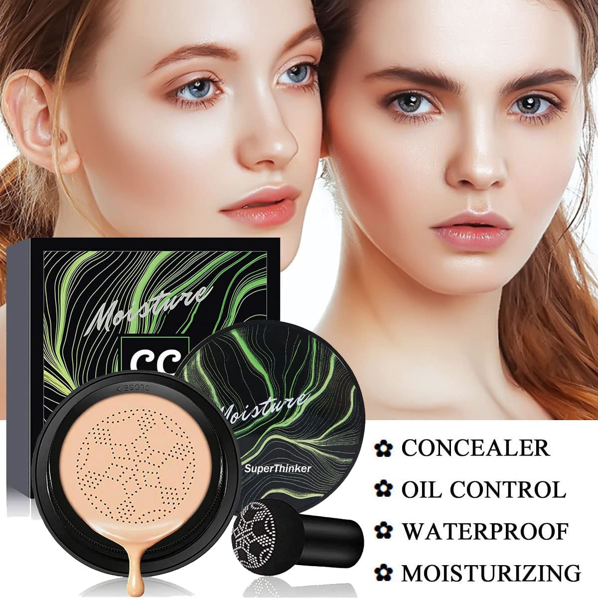 SuperThinker Mushroom Head applicator demonstrates soft, skin-friendly application and pore-blurring effects.