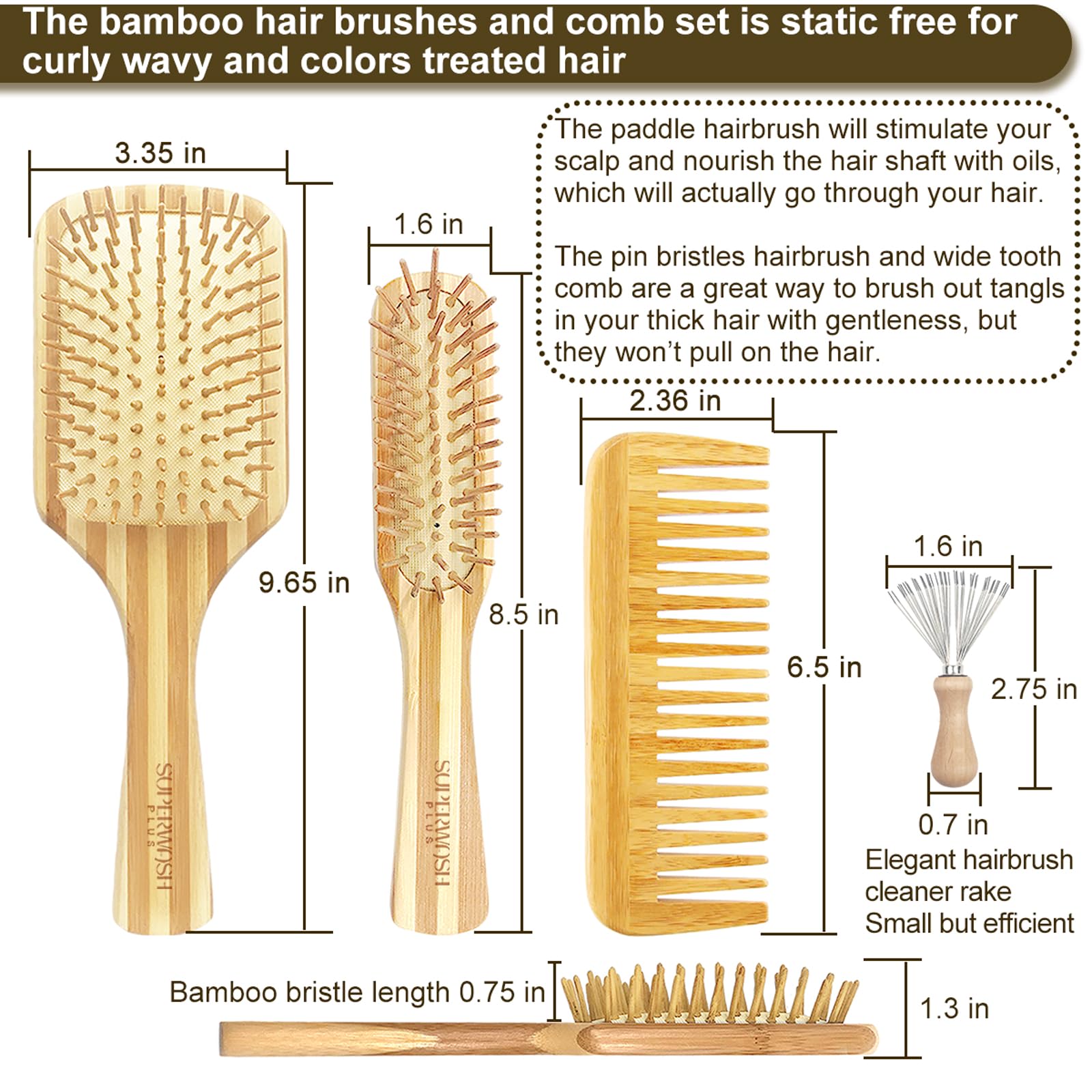 Closeup of Superwash Plus bamboo paddle brush pins for gentle knots