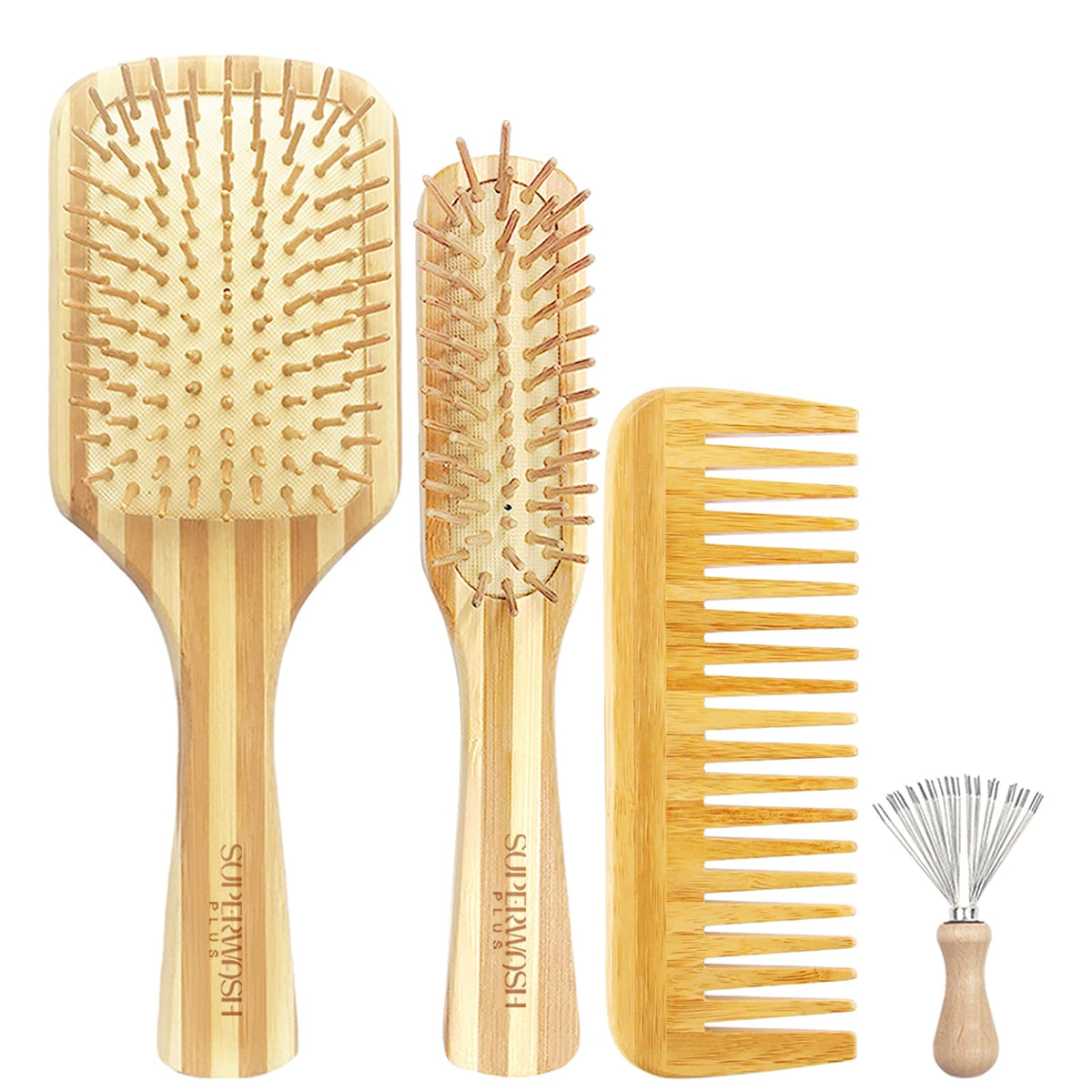 Superwash Plus bamboo brush paddle set ready for detangling and shine