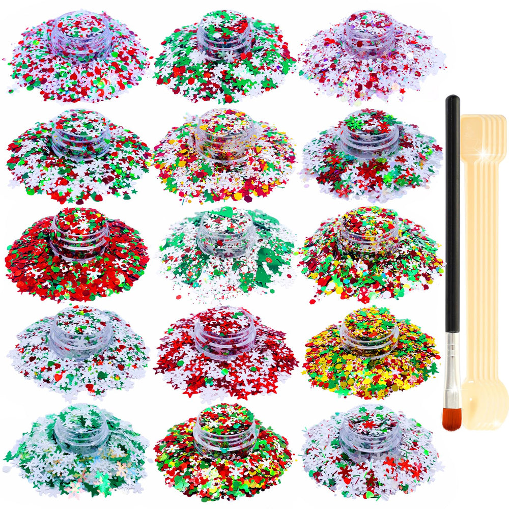 SUPGIFT glitter 15 colors holographic snowflakes close-up highlights vibrant sparkle for makeup and crafts