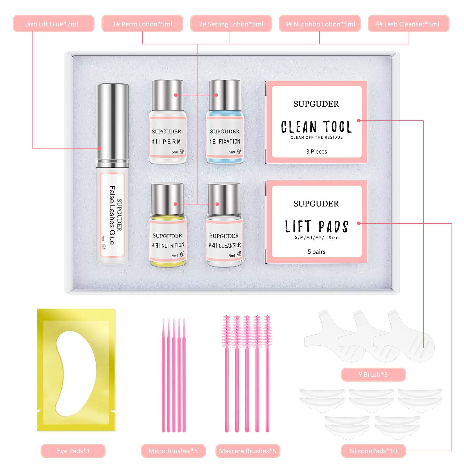 Supguder lash lift kit application brushes enable precise curling application.