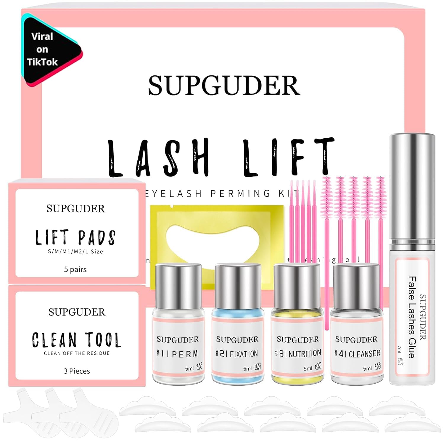 Supguder lash lift kit unboxing shows organized tools for salon-grade results.
