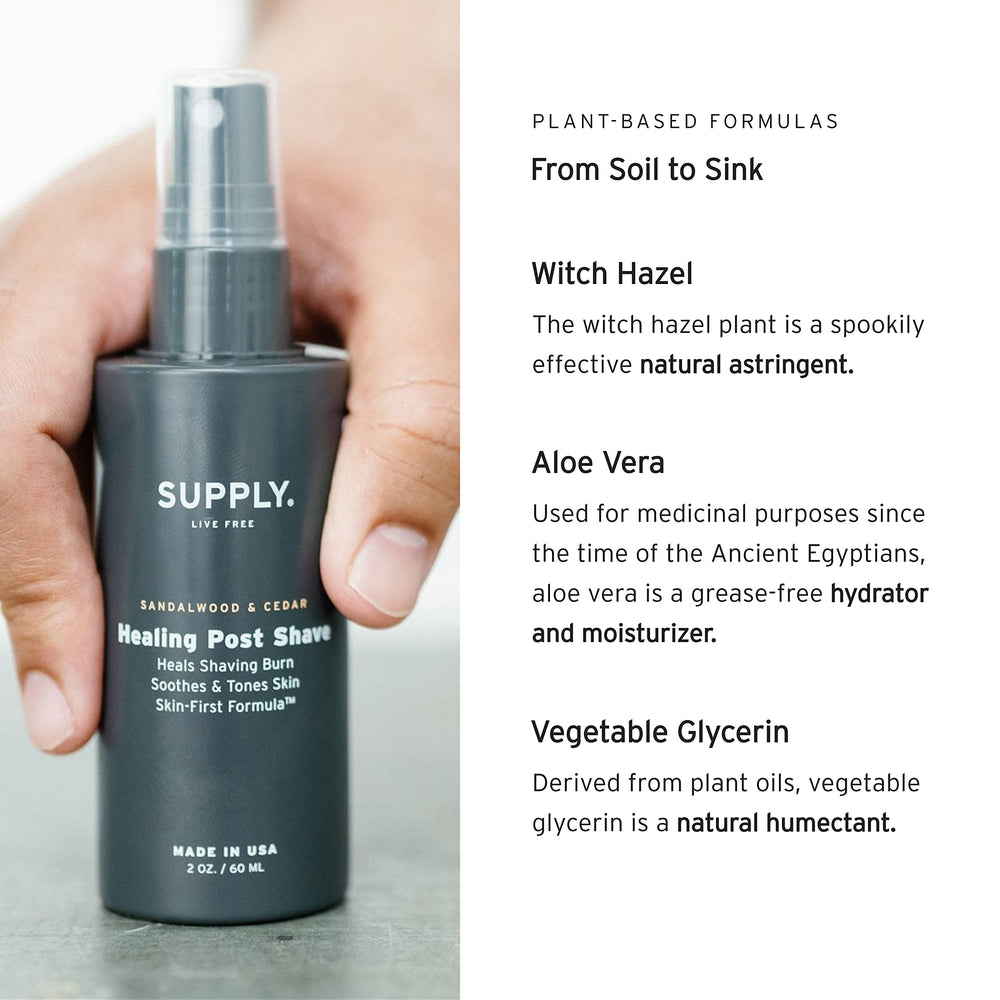 Supply Healing Post Shave features aloe and witch hazel for soothing relief after a shave.