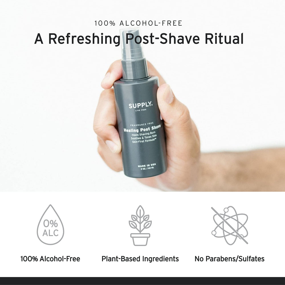 Supply Healing Post Shave fragrance-free label marks fragrance-free care for sensitive skin.
