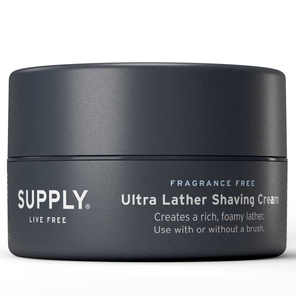Supply Ultra Lather shaving cream jar front shows fragrance-free formula for sensitive skin.