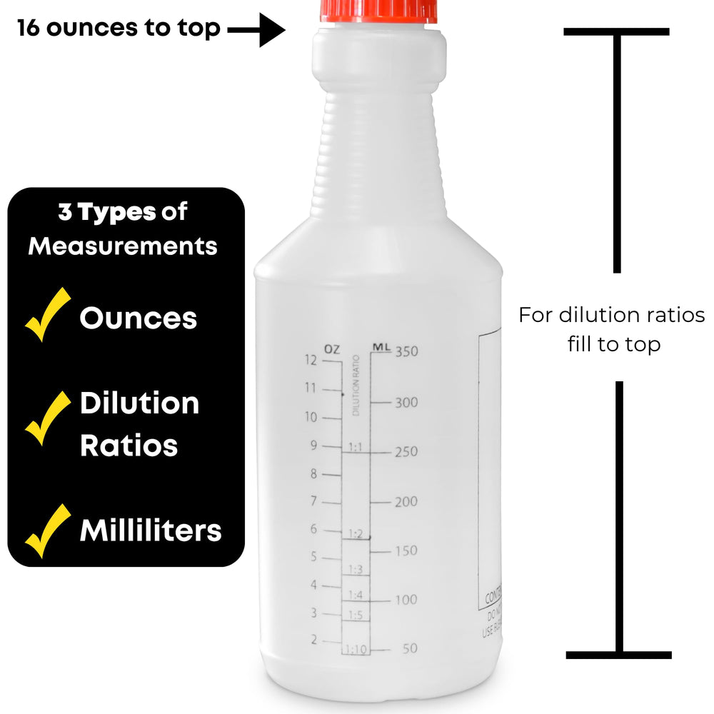 SupplyMaid 16 oz spray bottle with clear oz and ml markings for accurate mixing.