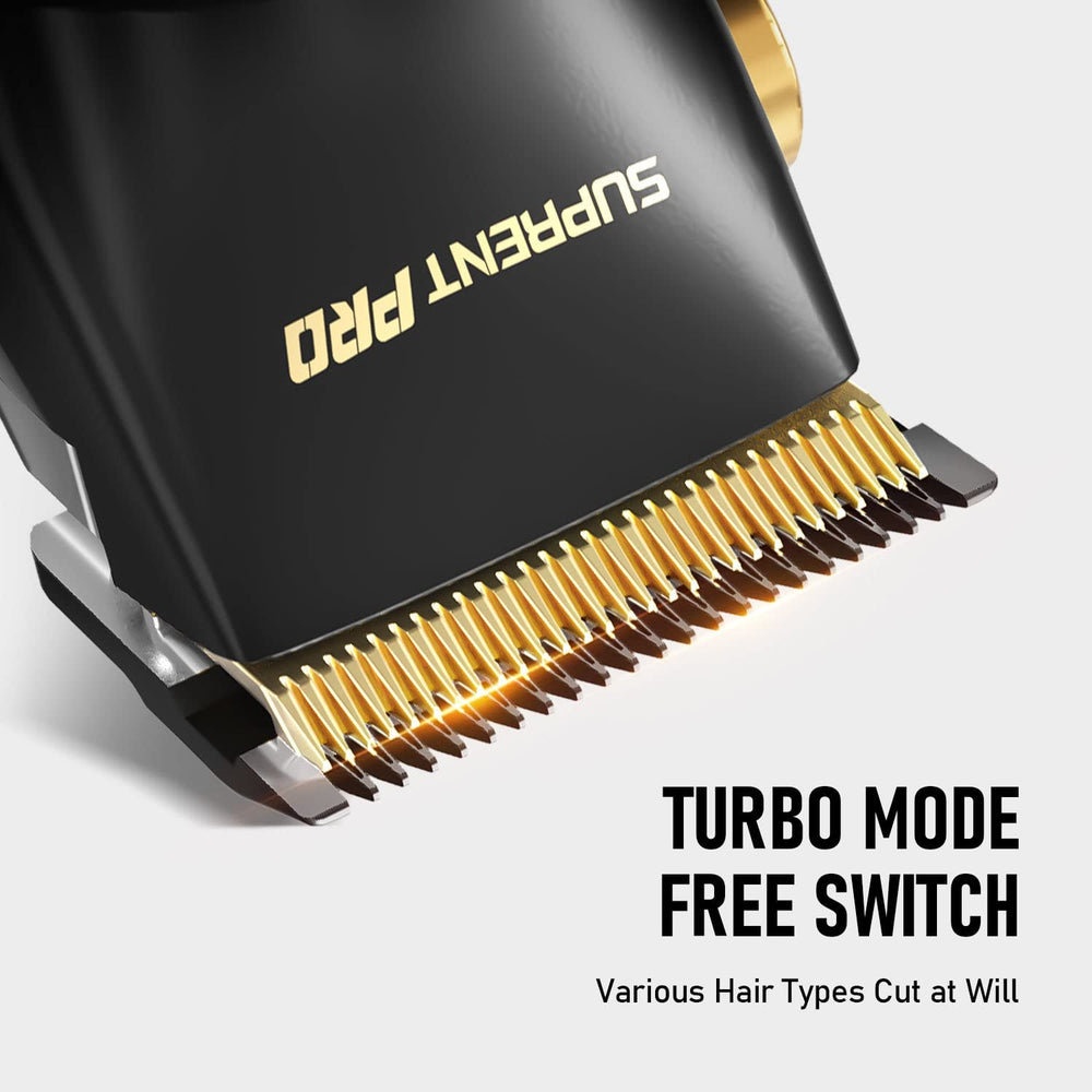 SUPRENT PRO turbo mode two-speed close-up during dense hair trimming