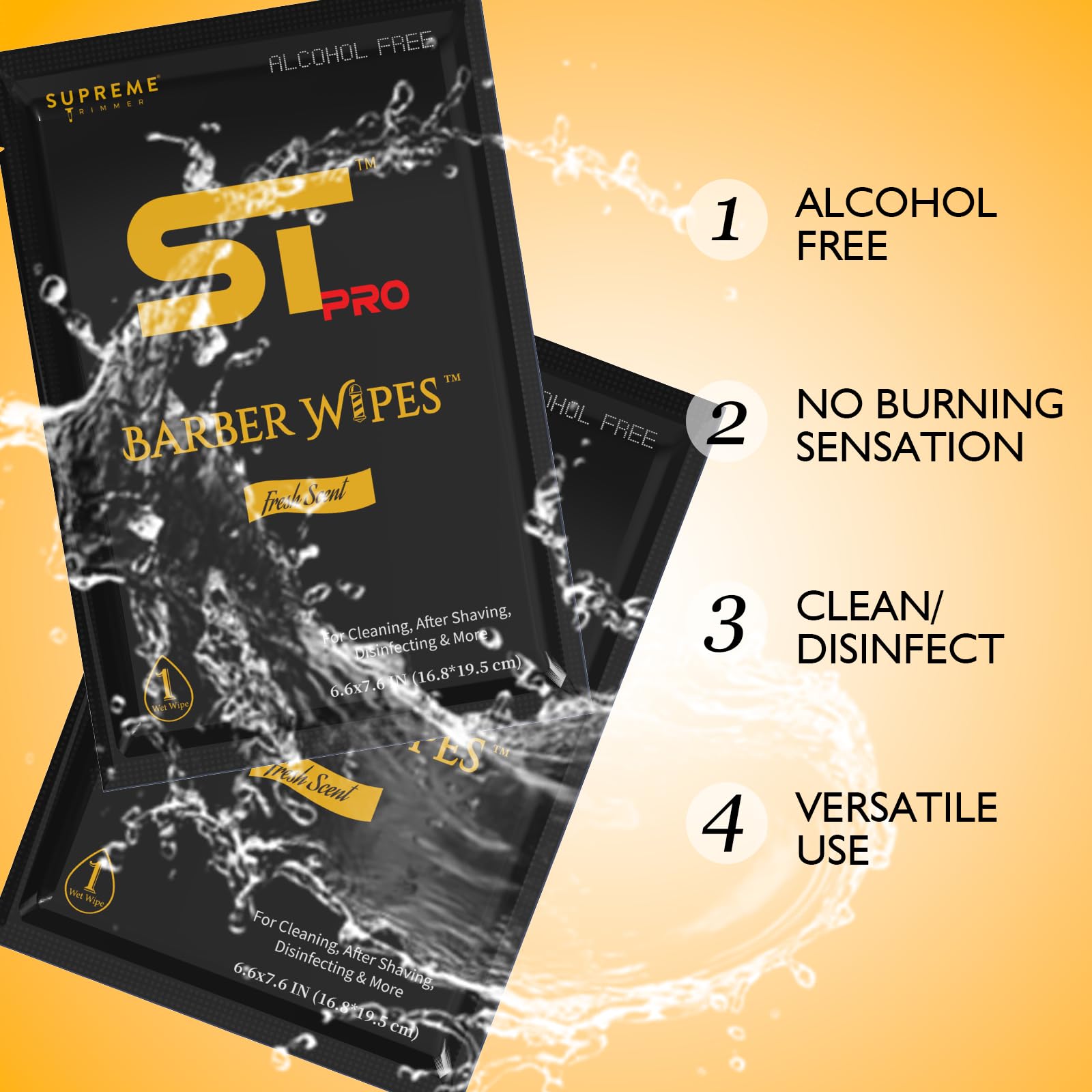 Supreme Trimmer wipes-in-use-aftershave demonstrates soothing, non-burning application after a haircut.