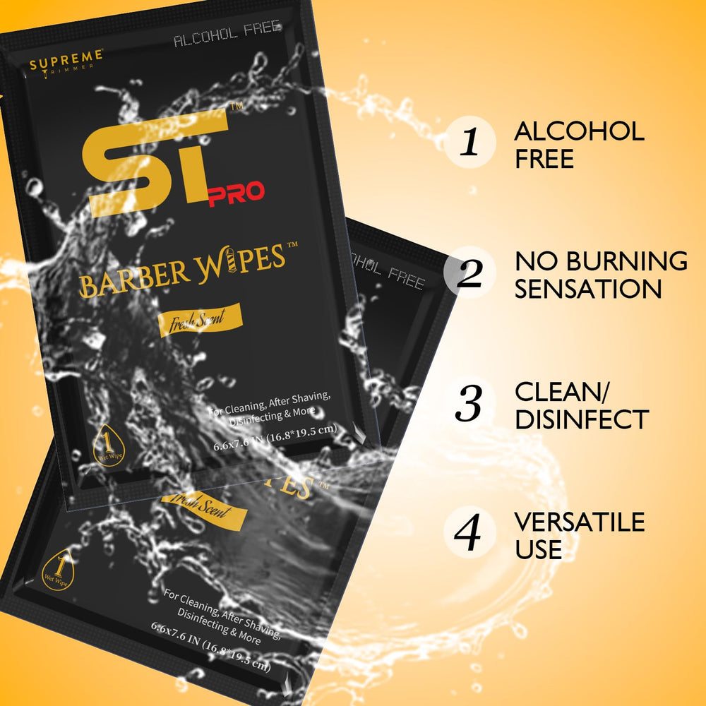 Supreme Trimmer wipes-in-use-aftershave demonstrates soothing, non-burning application after a haircut.