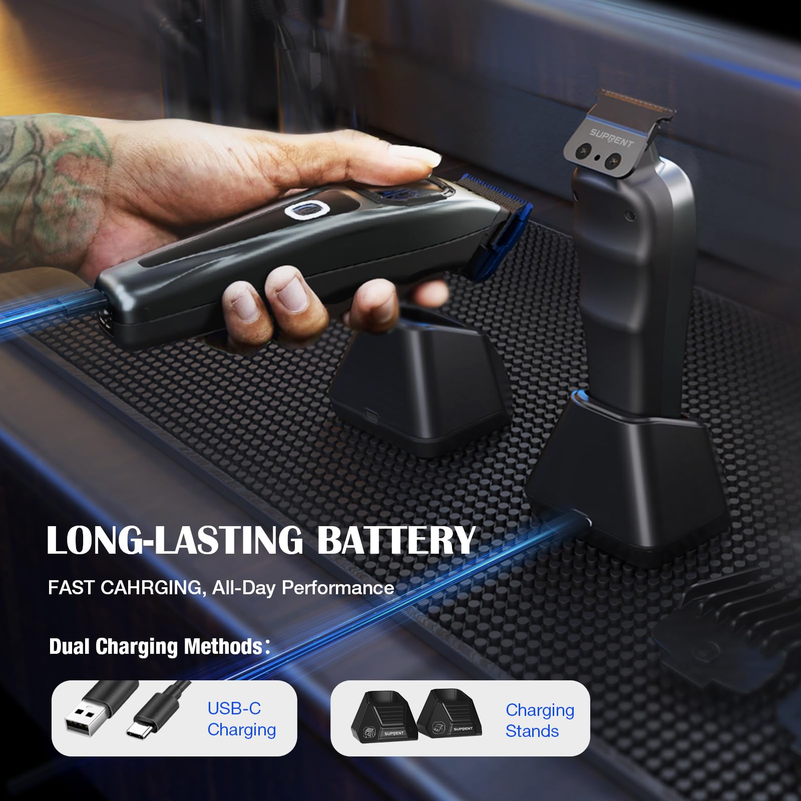 SUPRENT 2500mAh battery with Type-C charging stand demonstrating cordless convenience