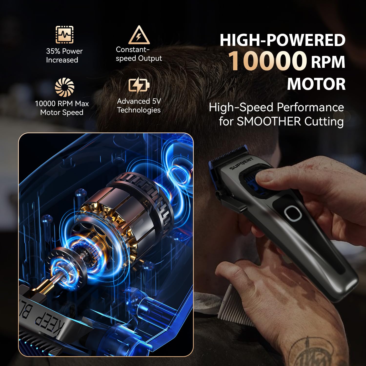 SUPRENT blue titanium blades closeup demonstrates precise, cool-cut capability