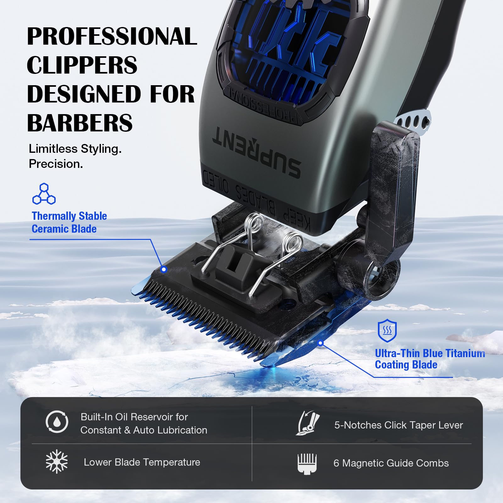 SUPRENT zero-gap trimmer close-up for precise lines and fades