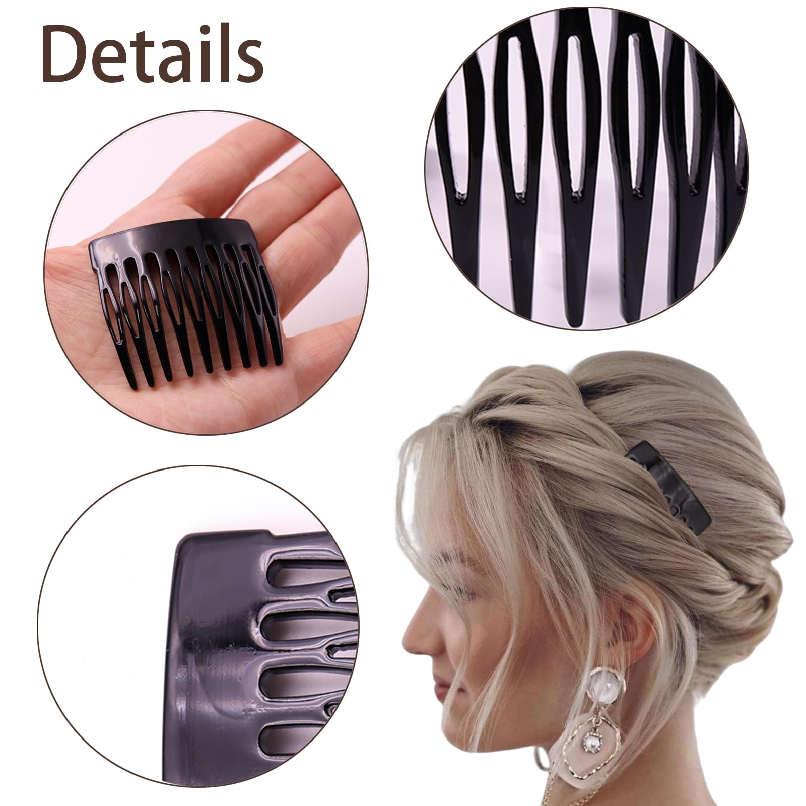 Suptizizkz black small French side combs on hair, adds subtle hold and polish.