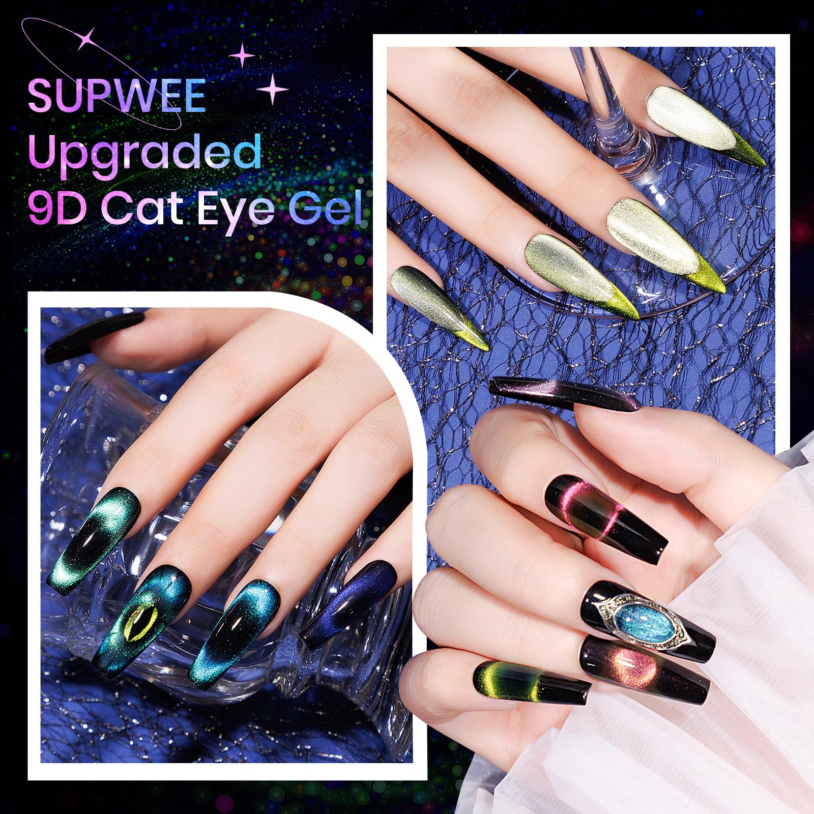 SUPWEE Home manicure application using cat-eye gels for DIY nails.