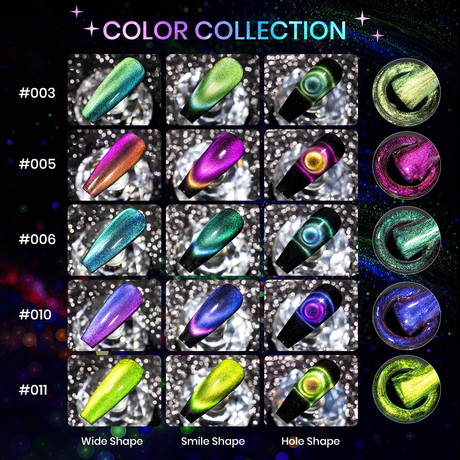 SUPWEE Cat Eye Gel Nail Polish Set color swatches reveal galaxy shimmer options.