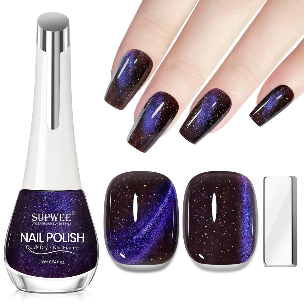 SUPWEE Cat Eye Nail Polish bottle close-up with glossy black-blue shimmer for chic nails