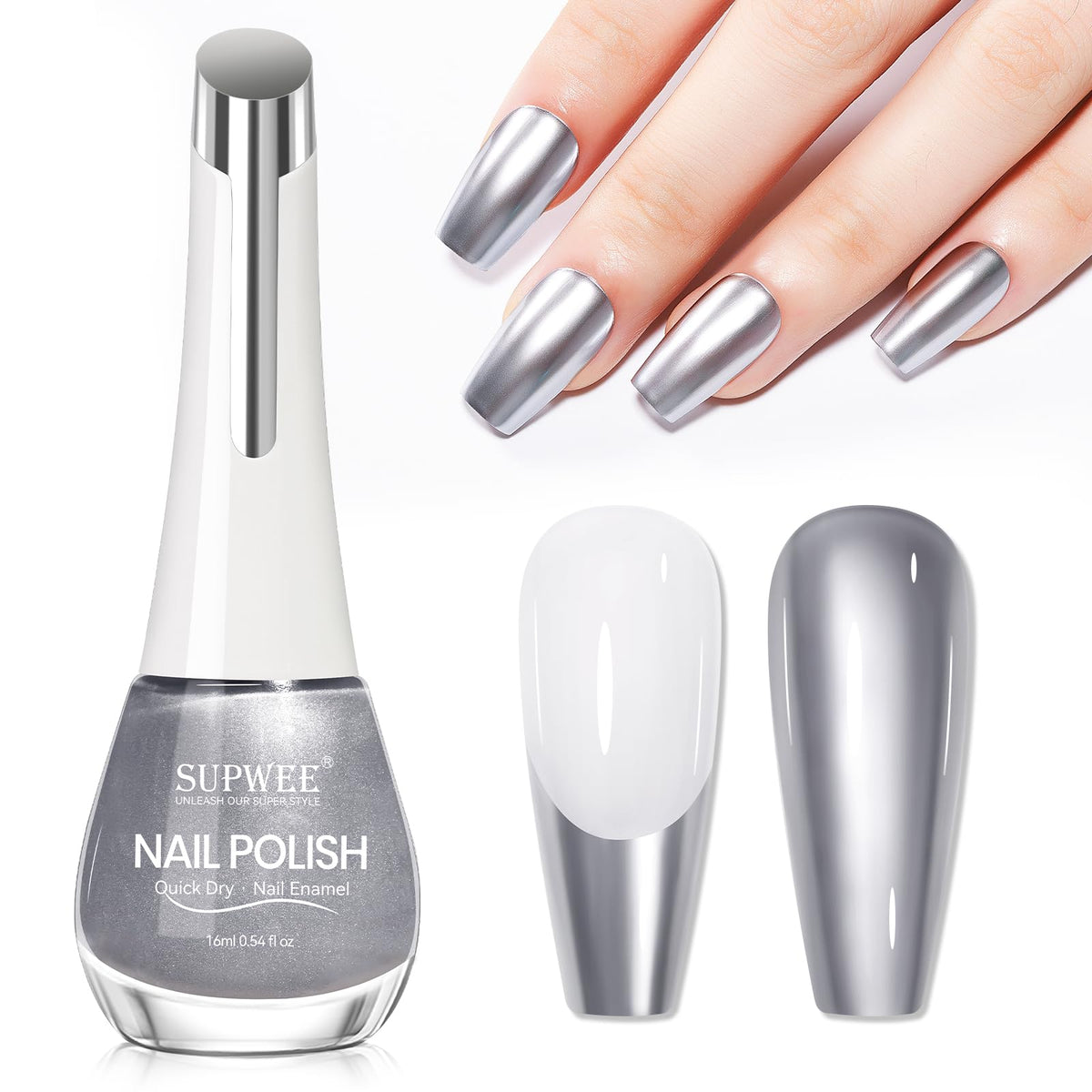 SUPWEE silver nail polish bottle shows bold mirror shine for party-ready nails
