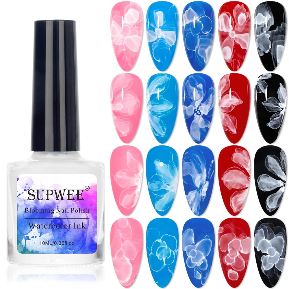 SUPWEE White Blooming Ink Nail Polish ready for watercolor layering on base colors.