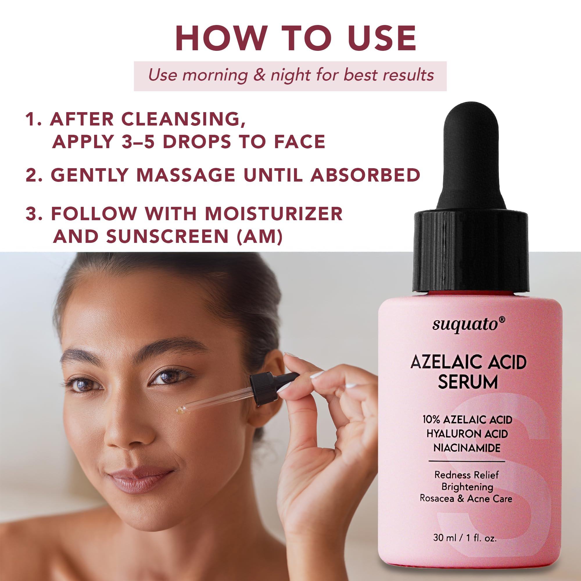 Suquato serum pump action demonstrates easy daily dispensing.
