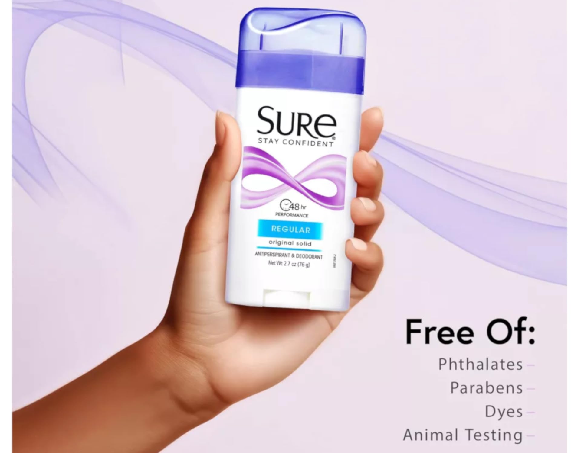 Sure antiperspirant solid application swipe demonstrates easy glide and dry finish for daily wear.