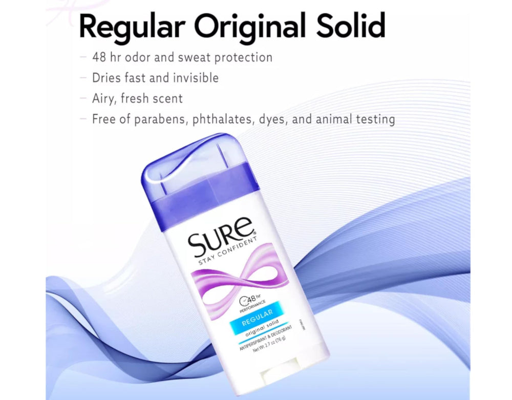 Sure antiperspirant solid label closeup highlights fragrance-free formula for sensitive skin.