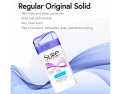 Sure antiperspirant solid label closeup highlights fragrance-free formula for sensitive skin.