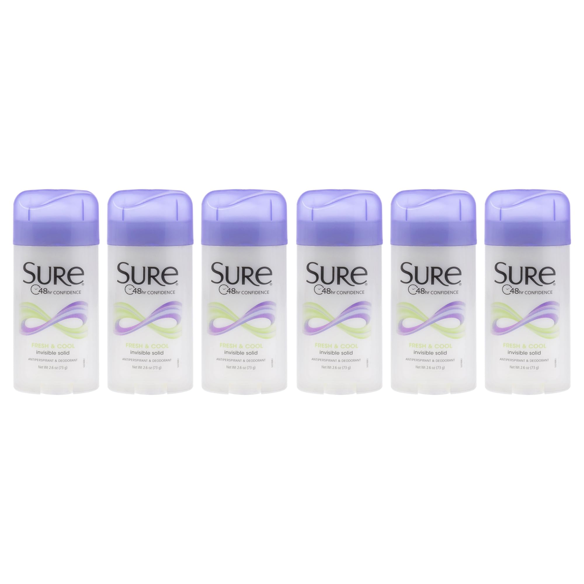 Sure deodorant pack of six 2.6-ounce sticks showing invisible solid formula for all-day freshness.