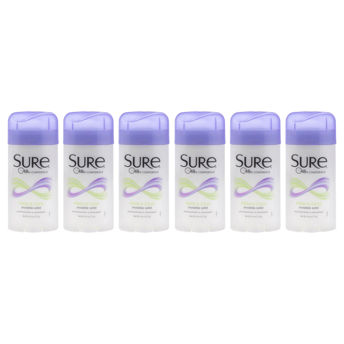 Sure deodorant pack of six 2.6-ounce sticks showing invisible solid formula for all-day freshness.