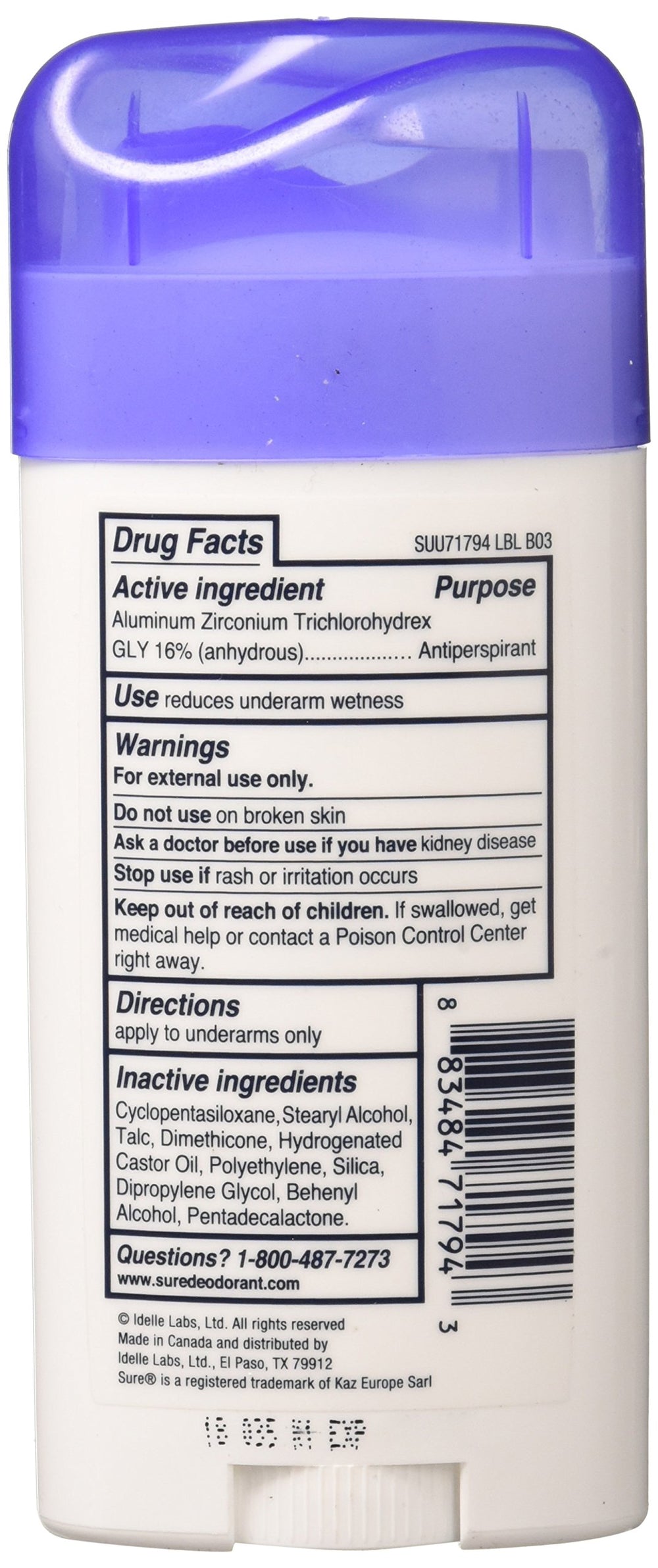 Sure Original Solid Unscented deodorant bottle close-up shows unscented, gentle formula