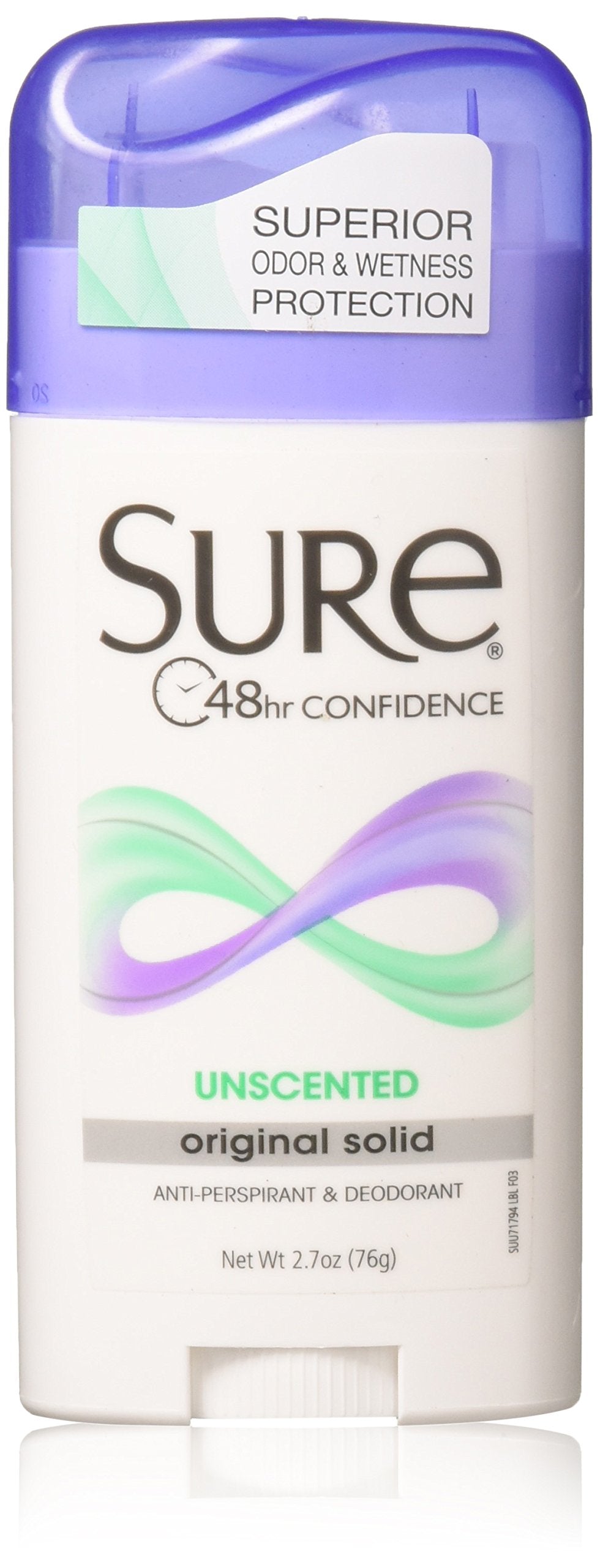 Sure Original Solid Unscented deodorant pack3 front view highlights all-day protection