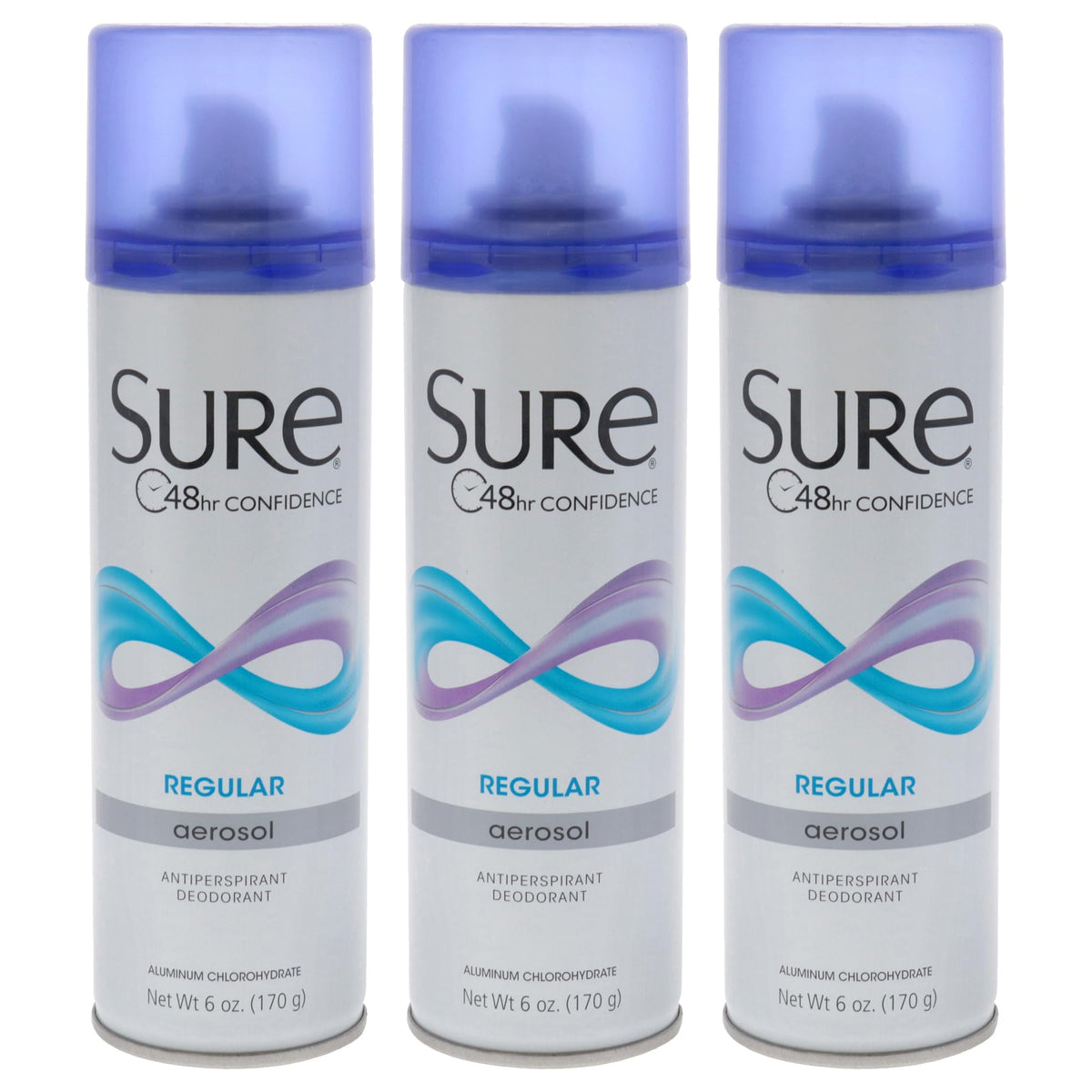 Sure Regular Scent aerosol deodorant bottle illustrating trusted protection and quick-drying action.