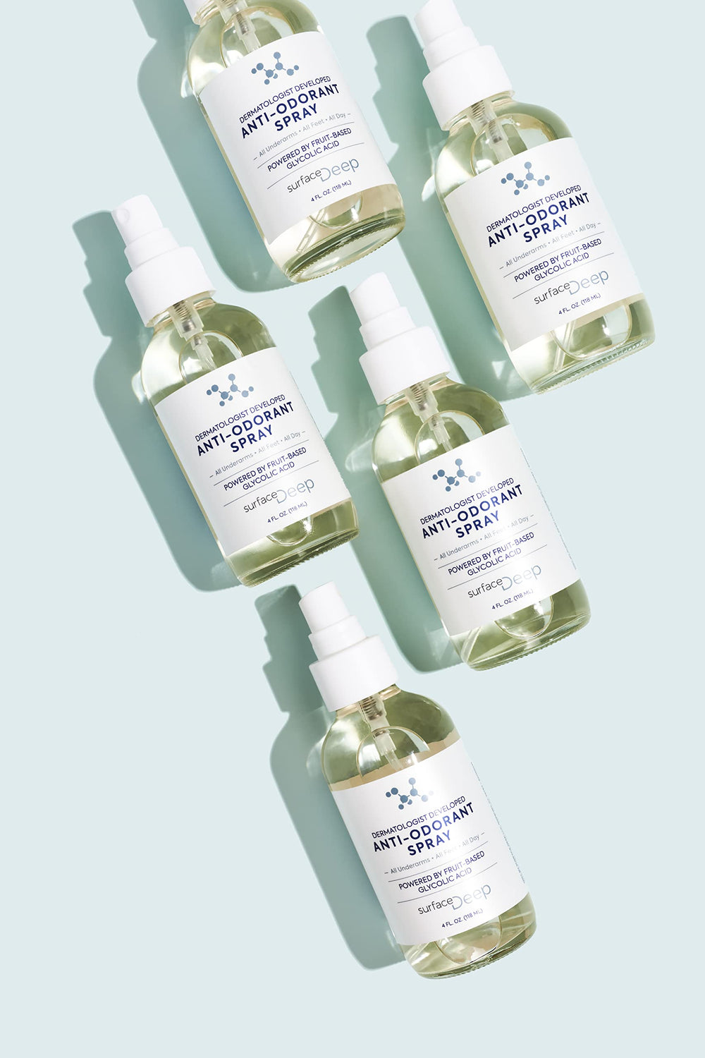 Surface Deep directions image shows simple underarm spray steps for best results.