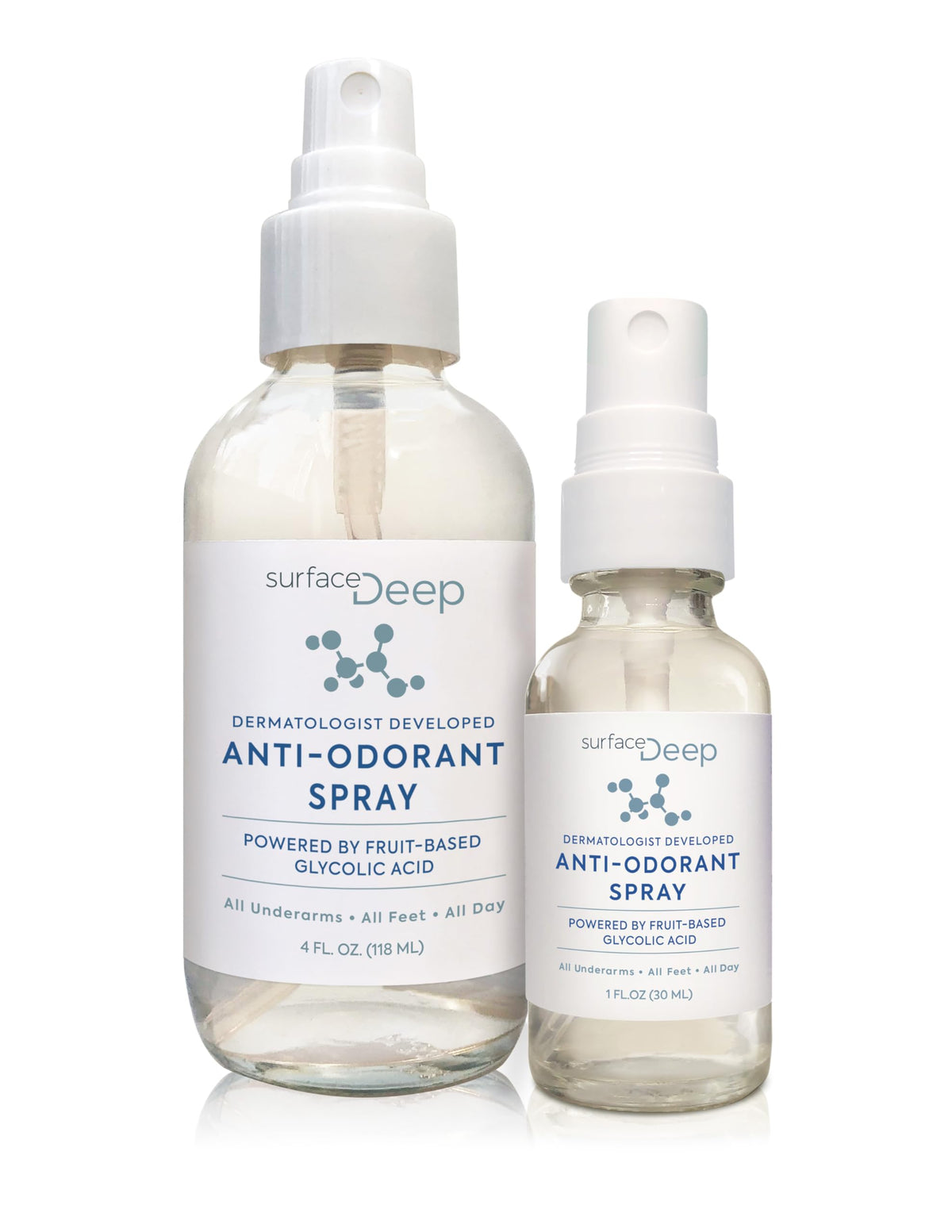 Surface Deep Natural Spray Deodorant bottle shows aluminum-free formula for all-day underarm freshness.