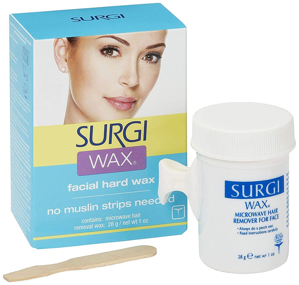 Surgiwax facial hard wax jar shows compact 1 oz packaging for at-home waxing.