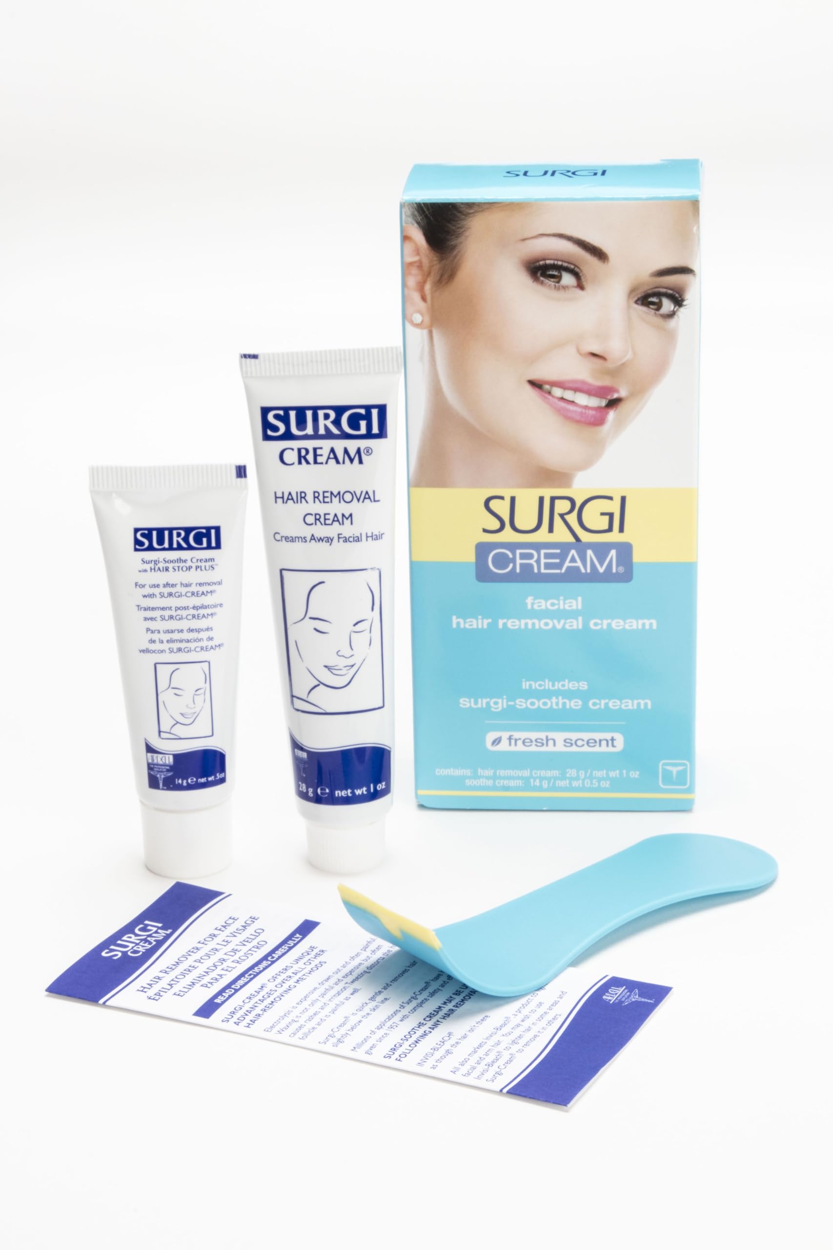 Surgiwax facial hair removal cream close-up on skin showing a gentle soothing formula.
