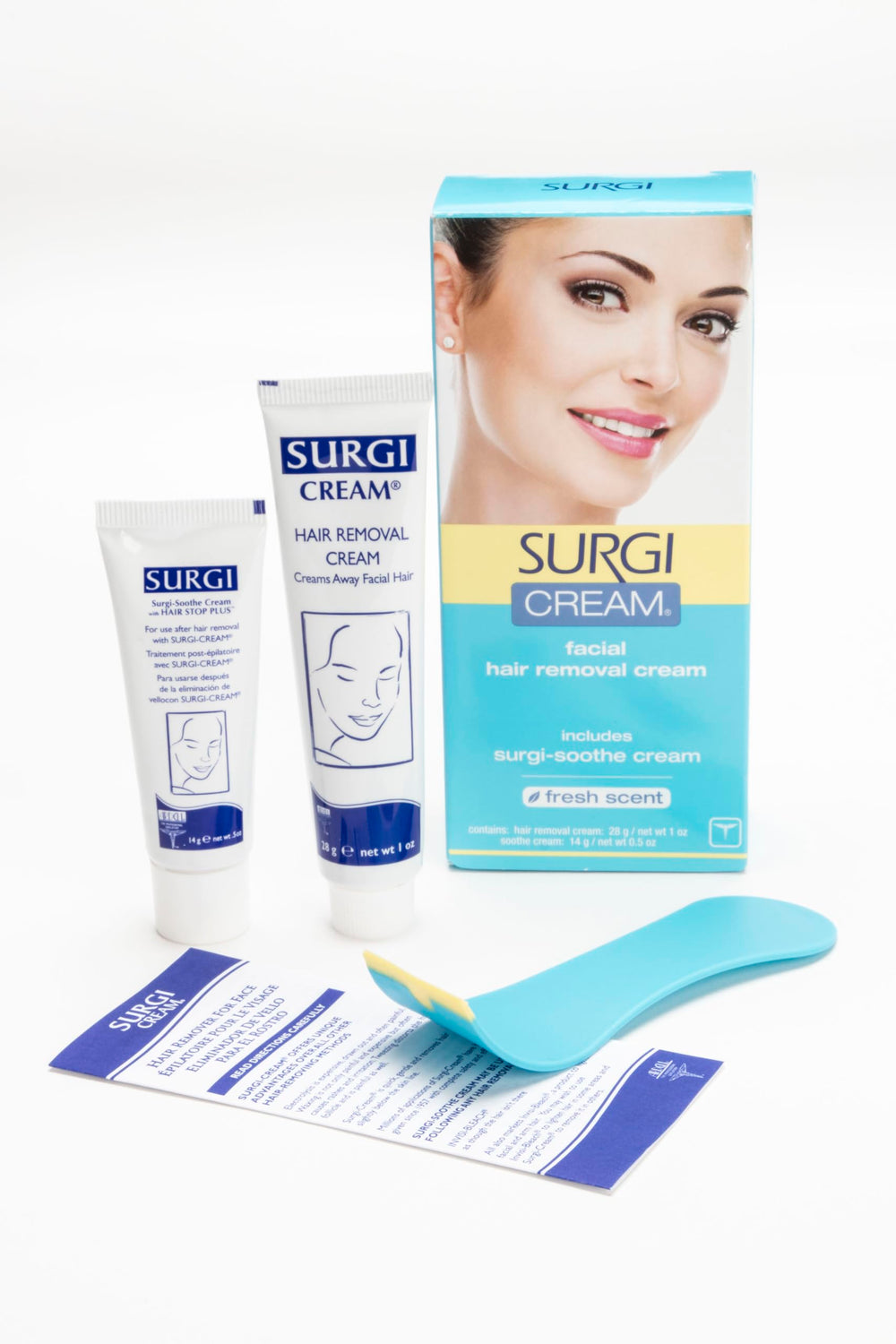 Surgiwax facial hair removal cream close-up on skin showing a gentle soothing formula.