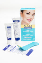 Surgiwax facial hair removal cream close-up on skin showing a gentle soothing formula.