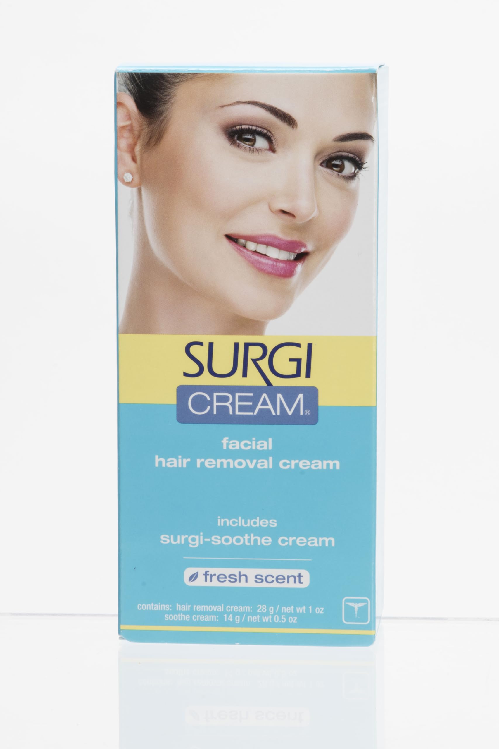 Surgiwax facial hair removal cream tube application for smooth upper lip treatment.
