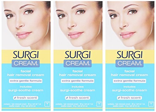 Surgiwax Surgi-Cream Hair Remover tubes shown for quick facial hair removal at home.